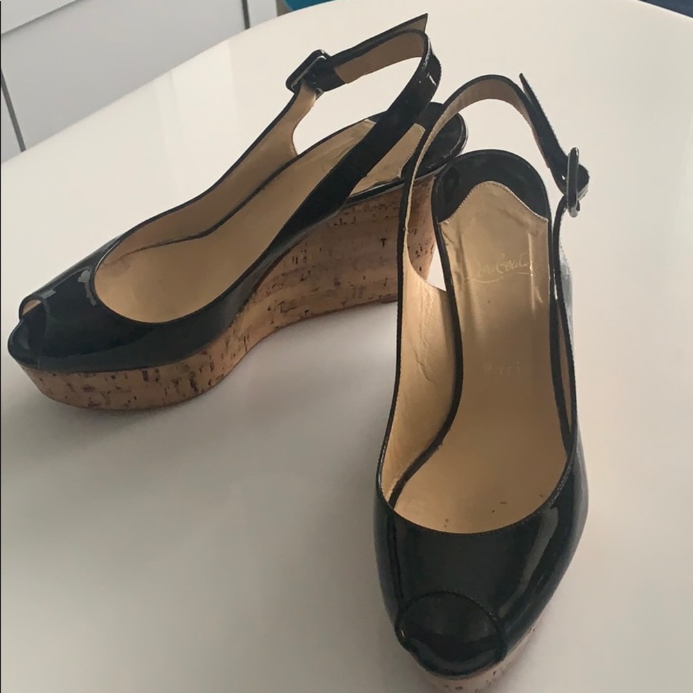 Christian Louboutin sling patent cork wedge